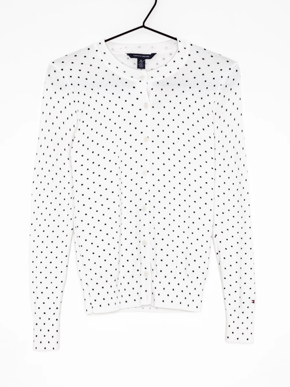 Tommy Hilfiger White Crewneck Cardigan with Black/Dark Navy Polka Dots
